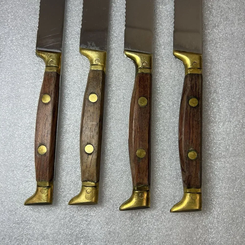 4 VTG ROWOCO Serrated Steak Knives 9”Rosewood Brass Full Tang Boot Handle France